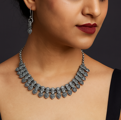 Utsav Alankar: Antique Silver Toned Necklace and Earring Set