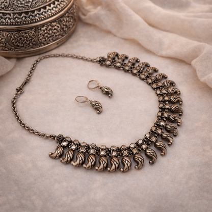 Utsav Manjiri: Antique Silver Toned Necklace and Earring Set