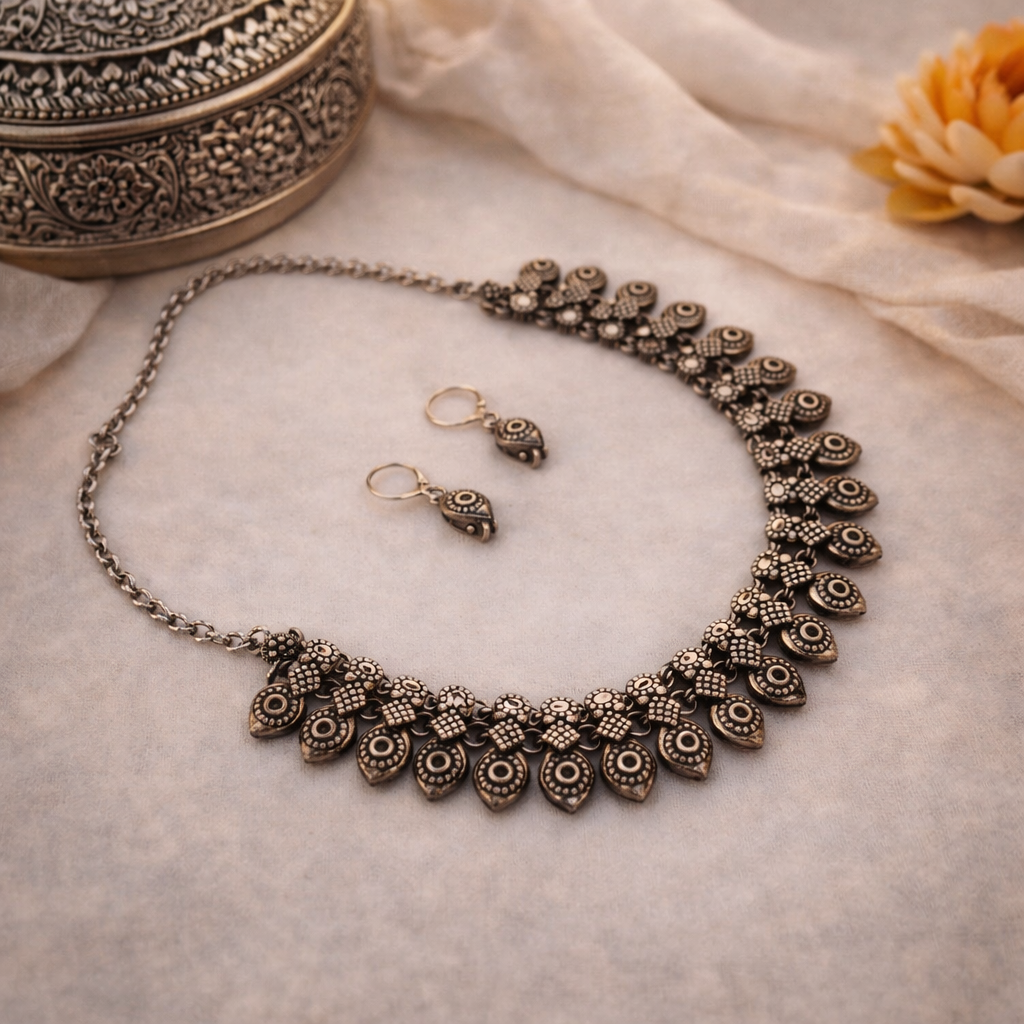 Utsav Alankar: Antique Silver Toned Necklace and Earring Set