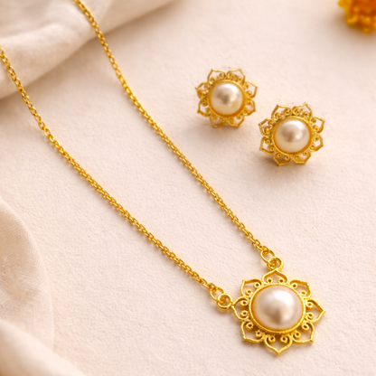 Golden Lotus: Pearl Studded Gold Toned Pendant and Earring Set
