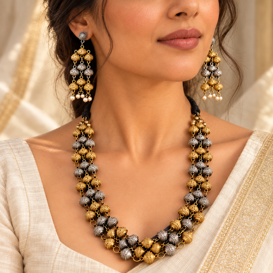 Samyukta: Dual Tone Layered Statement Necklace and Earring Set