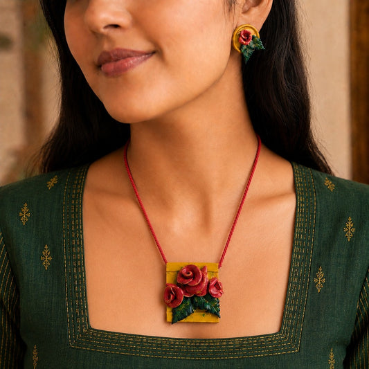 Petals & Leaves: Handmade Clay Pendant and Earring Set
