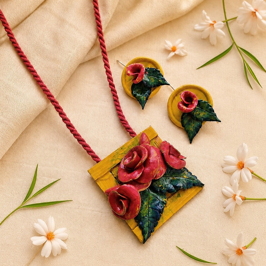 Petals & Leaves: Handmade Clay Pendant and Earring Set