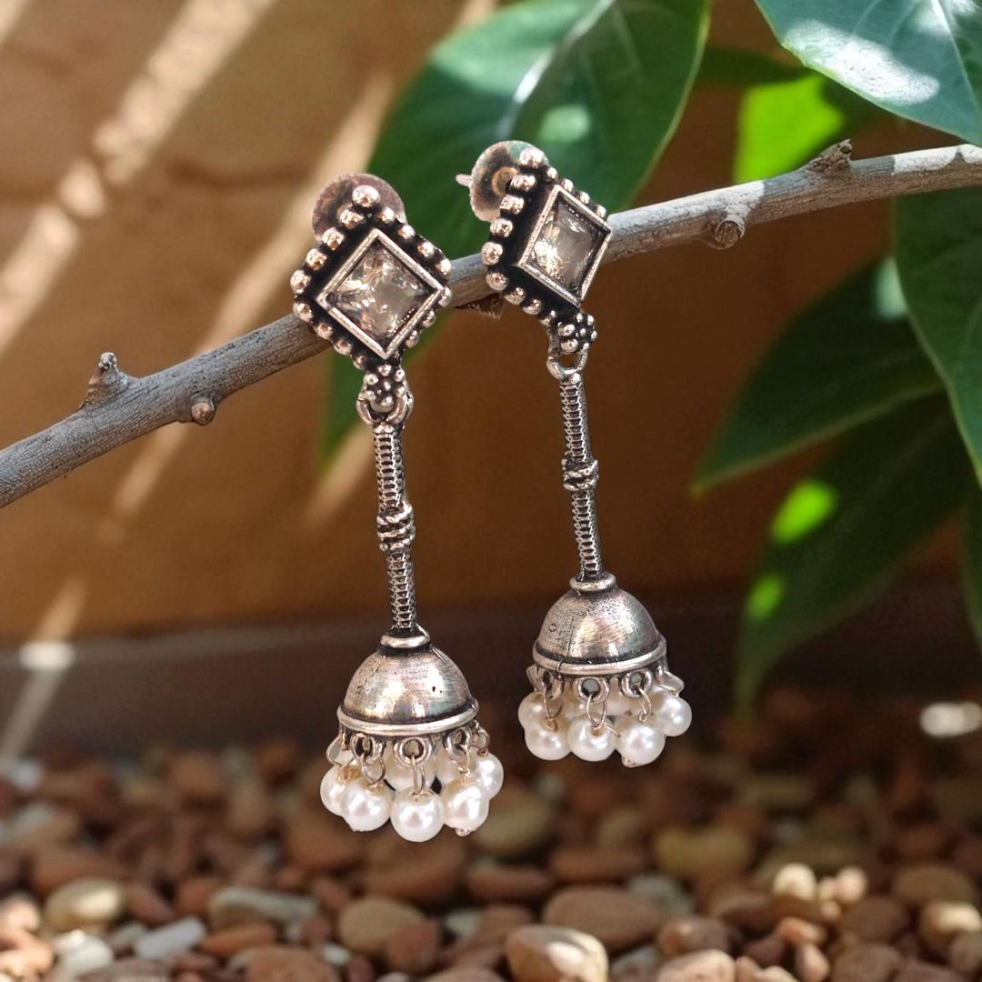 Jhumka Delight: Clear White Stone Silver Toned Jhumka