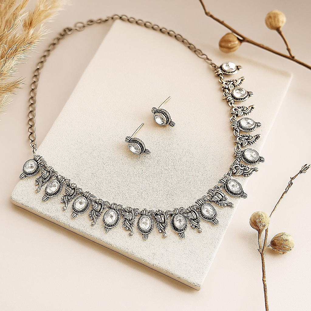 Tinge Tales: Clear White Stone Ethnic Necklace and Earring Set