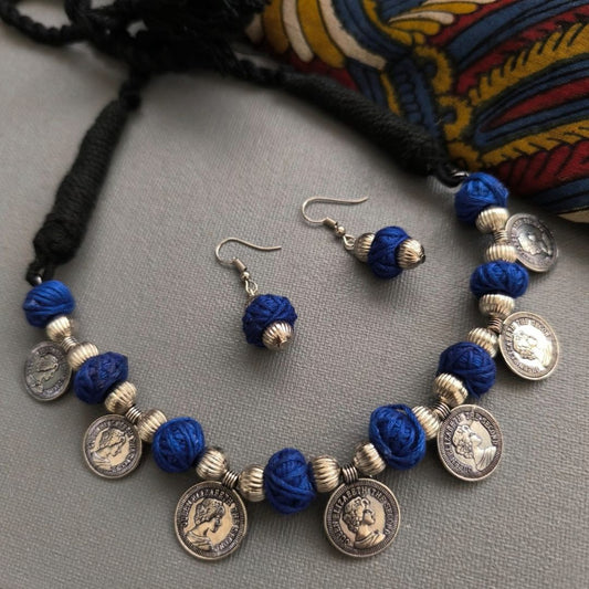Royal Elegance - Coin and Blue Thread Bead Silver Tone Necklace