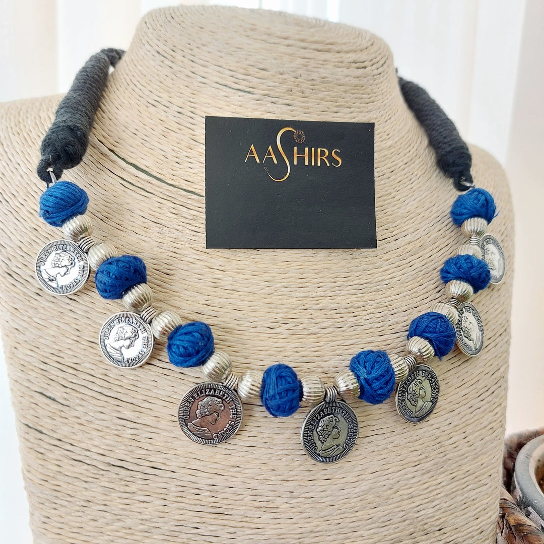 Royal Elegance - Coin and Blue Thread Bead Silver Tone Necklace