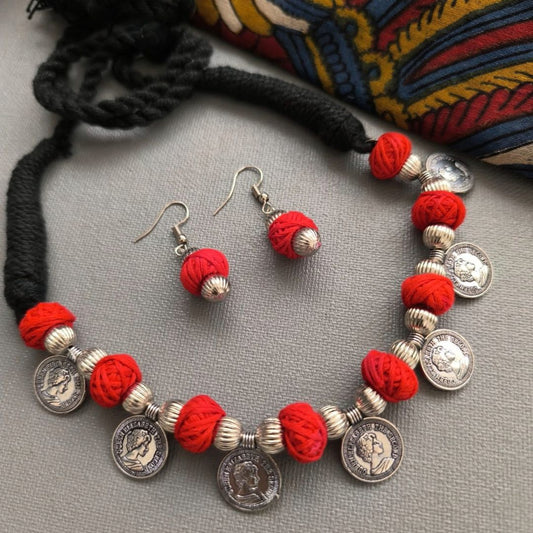 Ruby Charm : Coin and Red Thread Bead Silver Tone Necklace