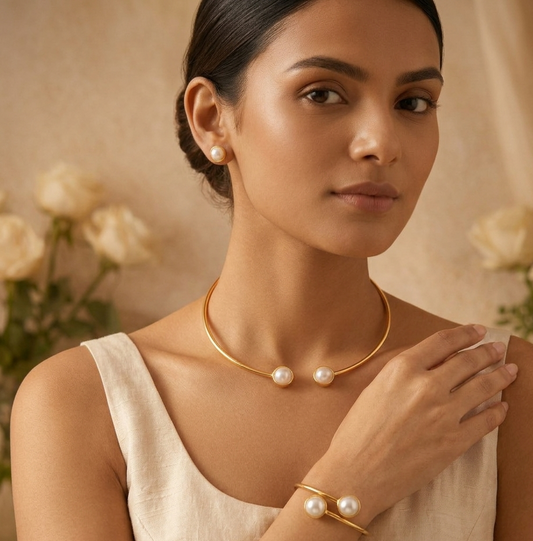 Minimal Pearl Elegance Combo Set: Aurelia necklace Set with Ruhani Bracelet