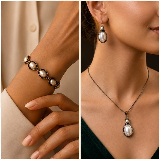 Aashirs Bestseller Combo: Moonmist Pendant and Earring Set/ Classic Pearl Link Bracelet