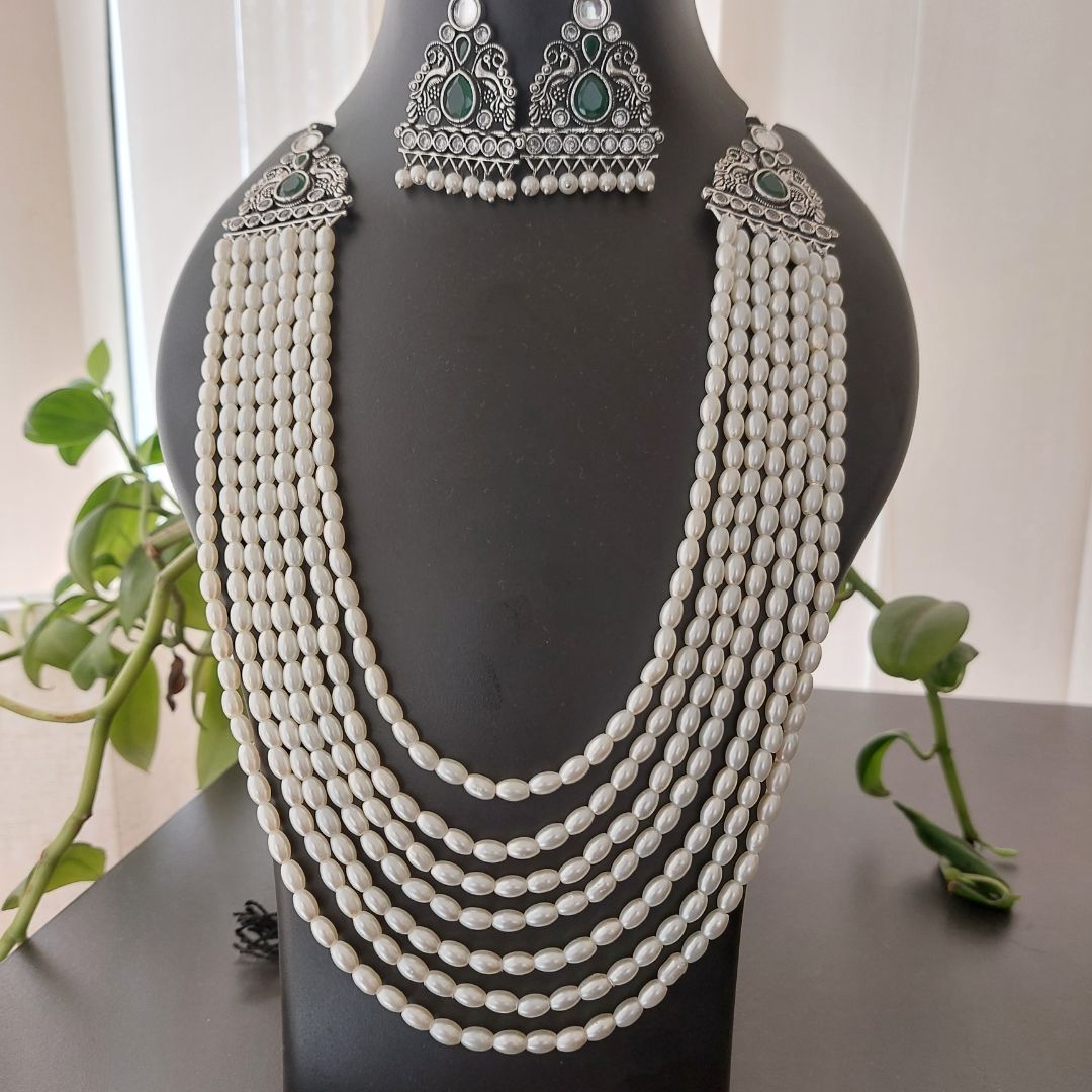 Shubhra: Layered Pearl Necklace Set: Green (Limited Edition)