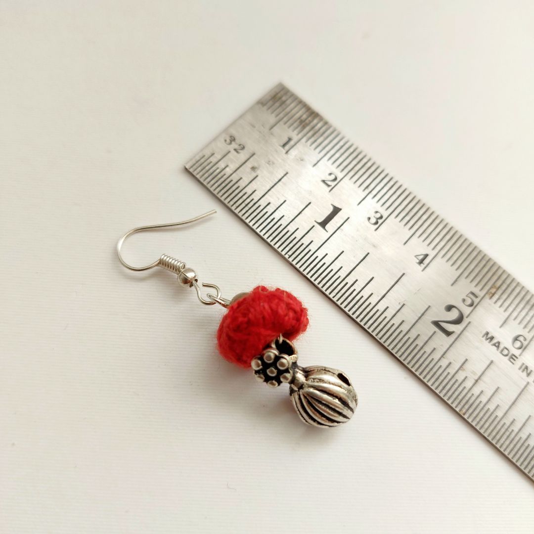 Desi Threads: Red Thread Bead and Silver Bead Motif Necklace and Earring