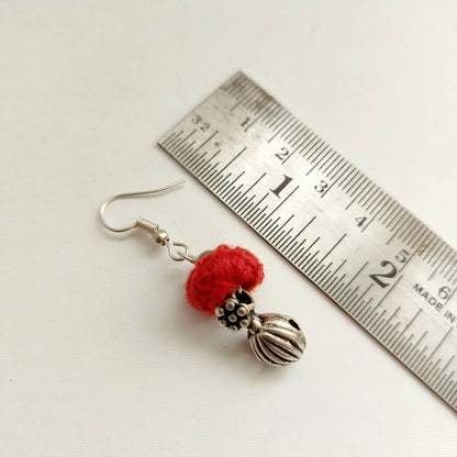 Desi Threads: Red Thread Bead and Silver Bead Motif Necklace and Earring