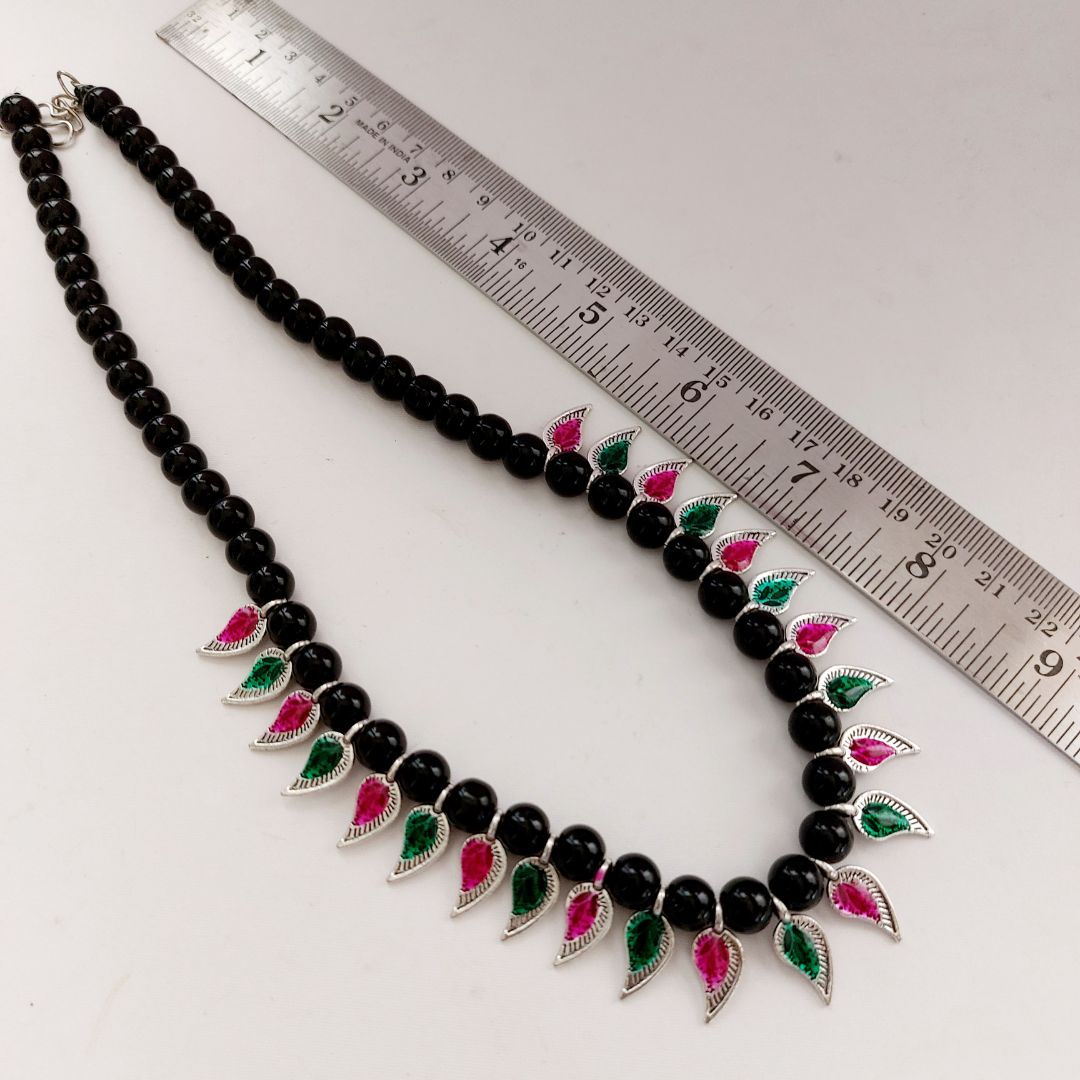 Saaj: Black Beads and Mango Motif Necklace and Earring Set