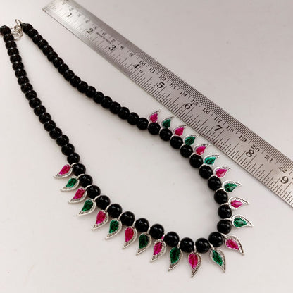 Saaj: Black Beads and Mango Motif Necklace and Earring Set