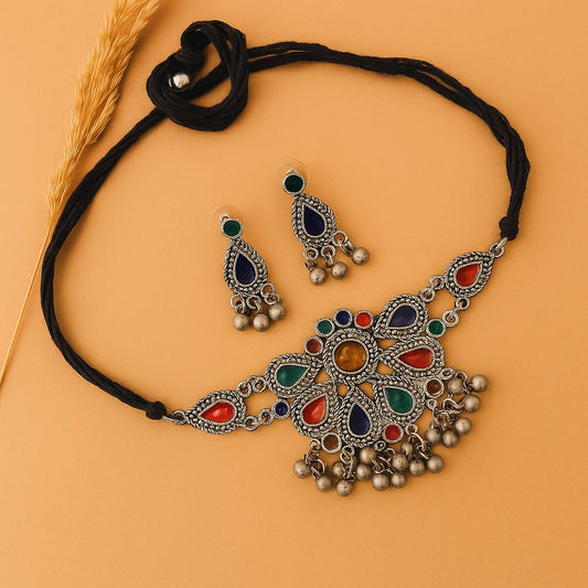 Raagini: Colorful Enamel Work Oxidised Necklace and Earring Set