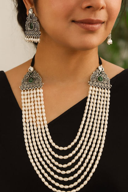 Shubhra: Layered Pearl Necklace Set: Green (Limited Edition)