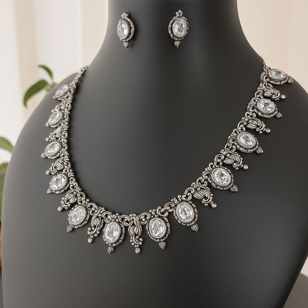 Tinge Tales: Clear White Stone Ethnic Necklace and Earring Set