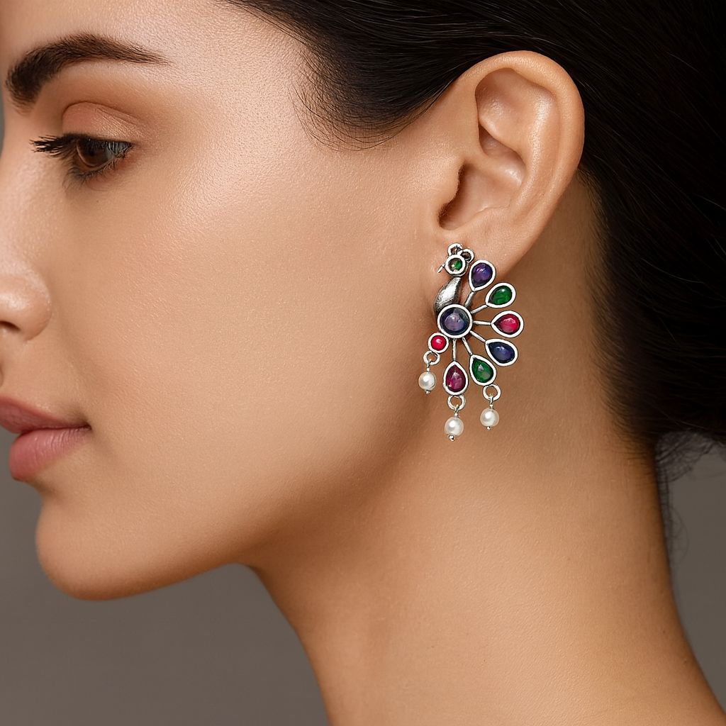Mayurika: Multicolored Peacock Silver Toned Earrings
