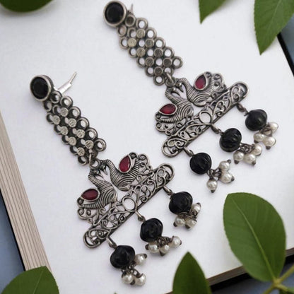 Royal  Hamsa : Silver Toned Black and Pink Stoned Long Earrings