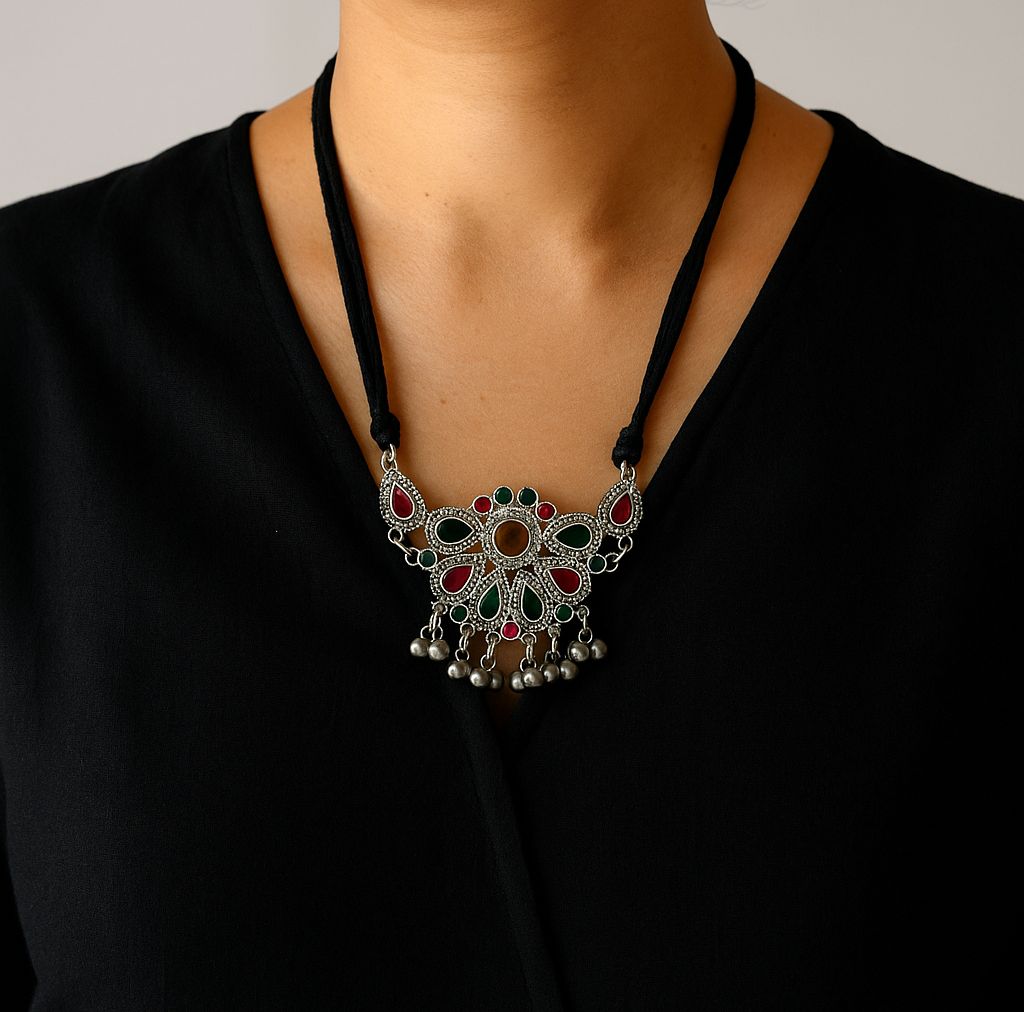 Raagini: Colorful Enamel Work Oxidised Necklace and Earring Set