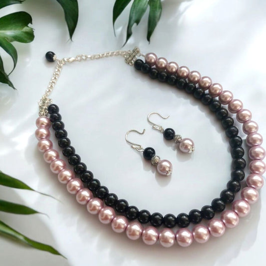 Mauve & Black : Double Layered Pearl Necklace Set