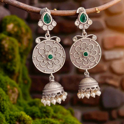 Festive Tinkles: Green and White Stone Dangler Earrings with Jhumkas
