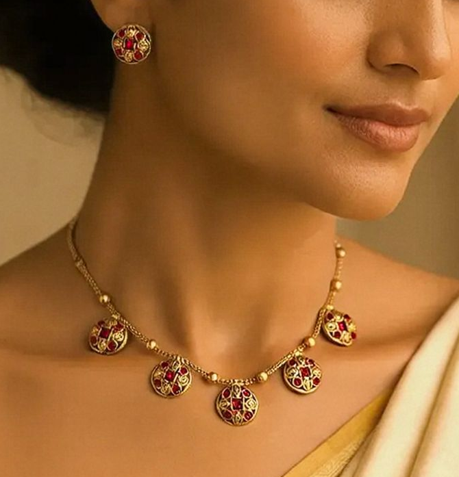 Chandrika: Gold Toned Pink Stoned Studded Necklace and Earring Set