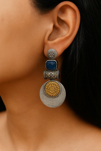 Statement Disc Dangler: Two-Tone Blue Stone  Stud Danglers