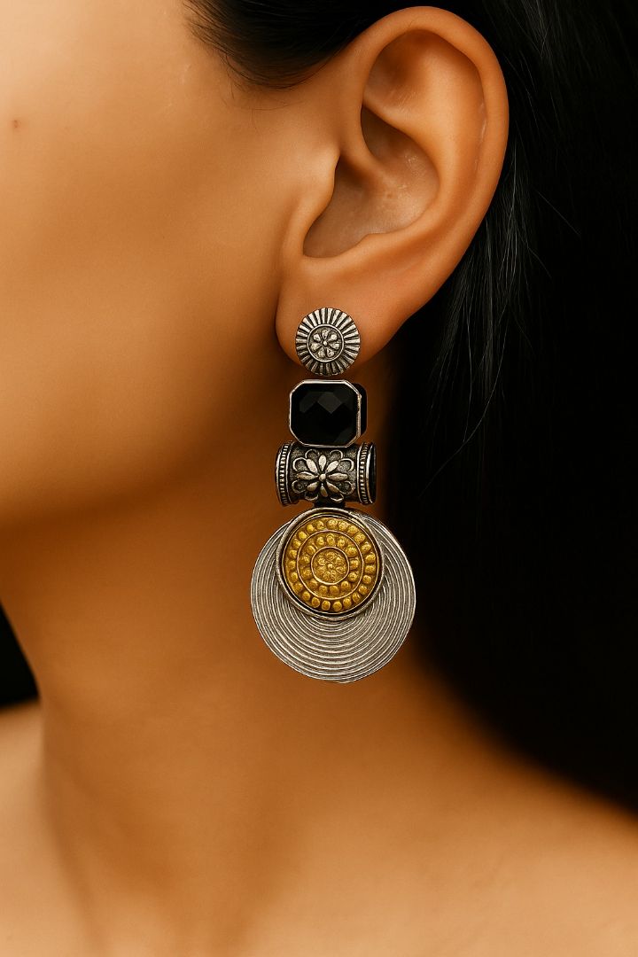 Statement Disc Dangler: Two-Tone Black Stone  Stud Danglers