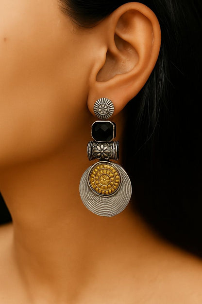 Statement Disc Dangler: Two-Tone Black Stone  Stud Danglers