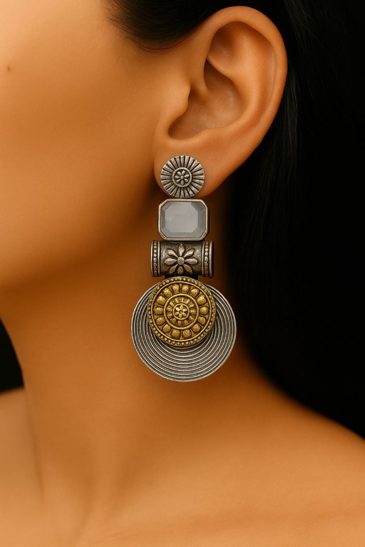 Statement Disc Dangler: Two-Tone Light Grey Stone  Stud Danglers