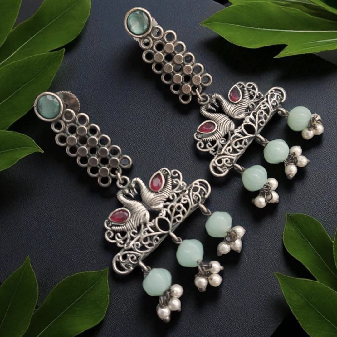 Royal Hamsa: Mint Green and Pink Stone Long Earrings