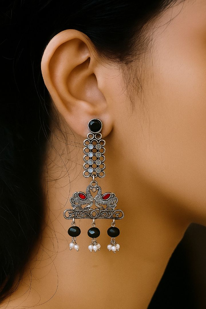 Royal  Hamsa : Silver Toned Black and Pink Stoned Long Earrings
