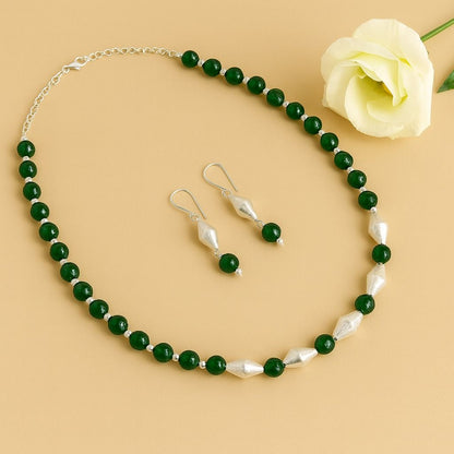Dholki Royale: Dholki Bead Necklace and Earring Set with Green Beads