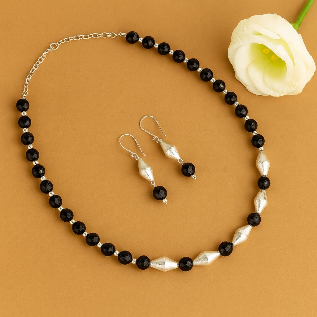 Dholki Royale: Dholki Bead Necklace and Earring Set with Black Beads