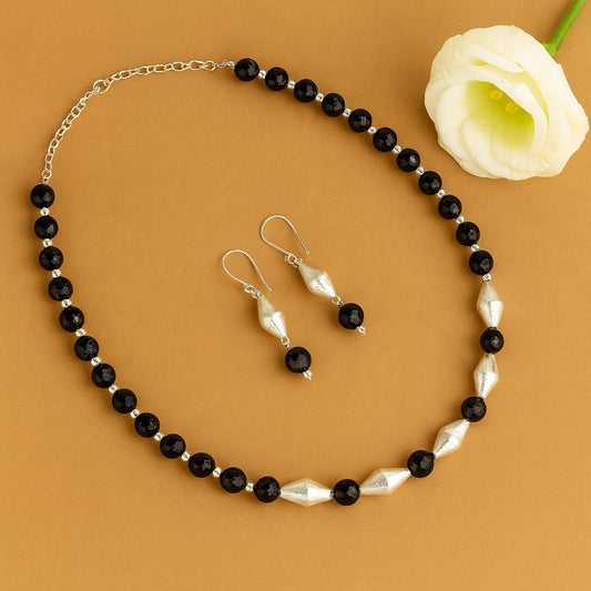 Dholki Royale: Dholki Bead Necklace and Earring Set with Black Beads