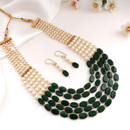 Tarangini: Layered Pearl and Green Beads Necklace