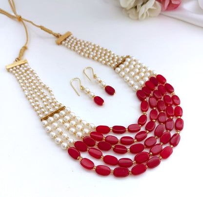 Tarangini: Layered Pearl and Red Beads Necklace