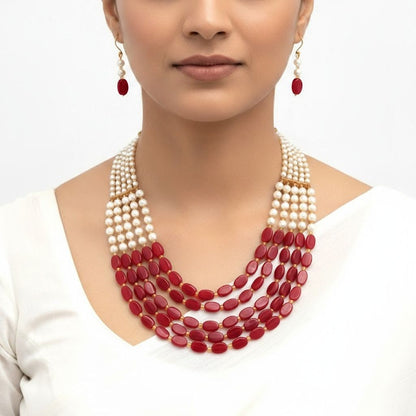 Tarangini: Layered Pearl and Red Beads Necklace