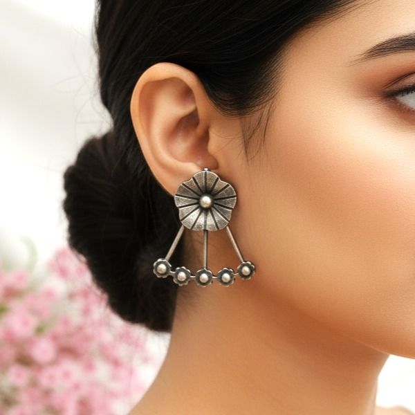 Floral Arc: Floral Silver toned Earrings