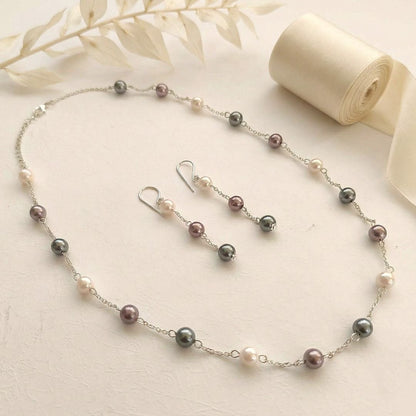 Muted Aura: Minimalist Pearl Necklace and Earring Set