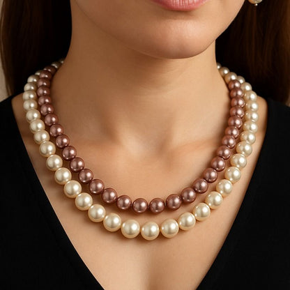 Ivory & Onion Pink : Double Layered Pearl Necklace Set