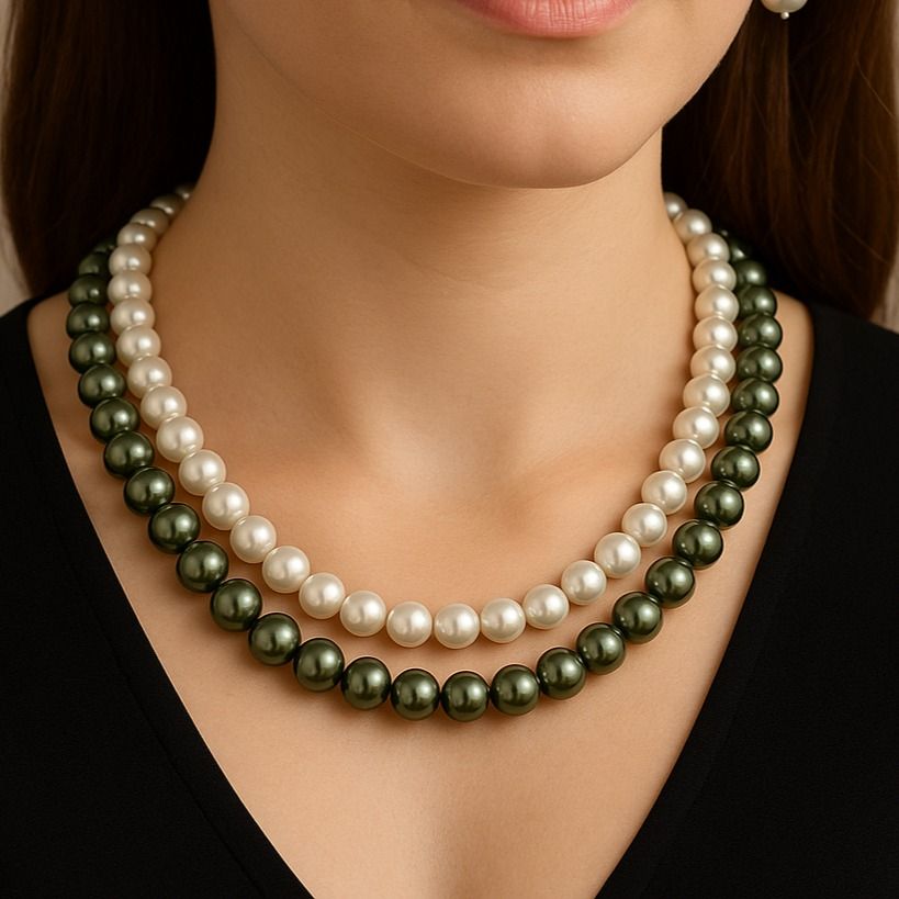 Deep Green & White : Double Layered Pearl Necklace Set