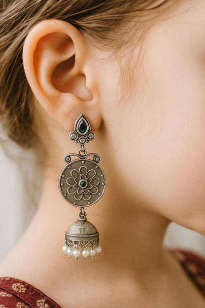 Festive Tinkles: Green and White Stone Dangler Earrings with Jhumkas