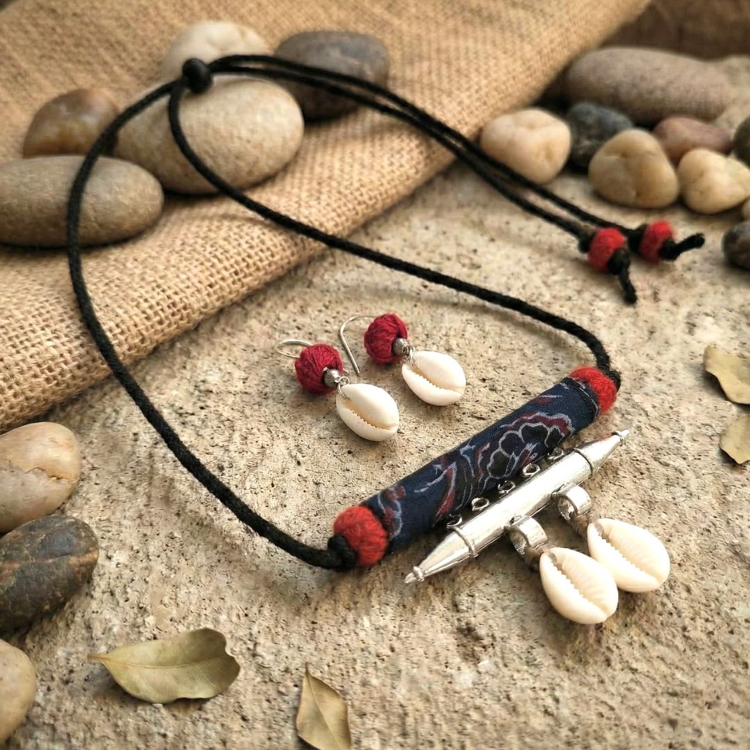 Sutradhar Cowrie Set: Handmade Fabric Pendant and Earring Set