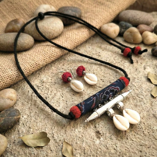 Sutradhar Cowrie Set: Handmade Fabric Pendant and Earring Set