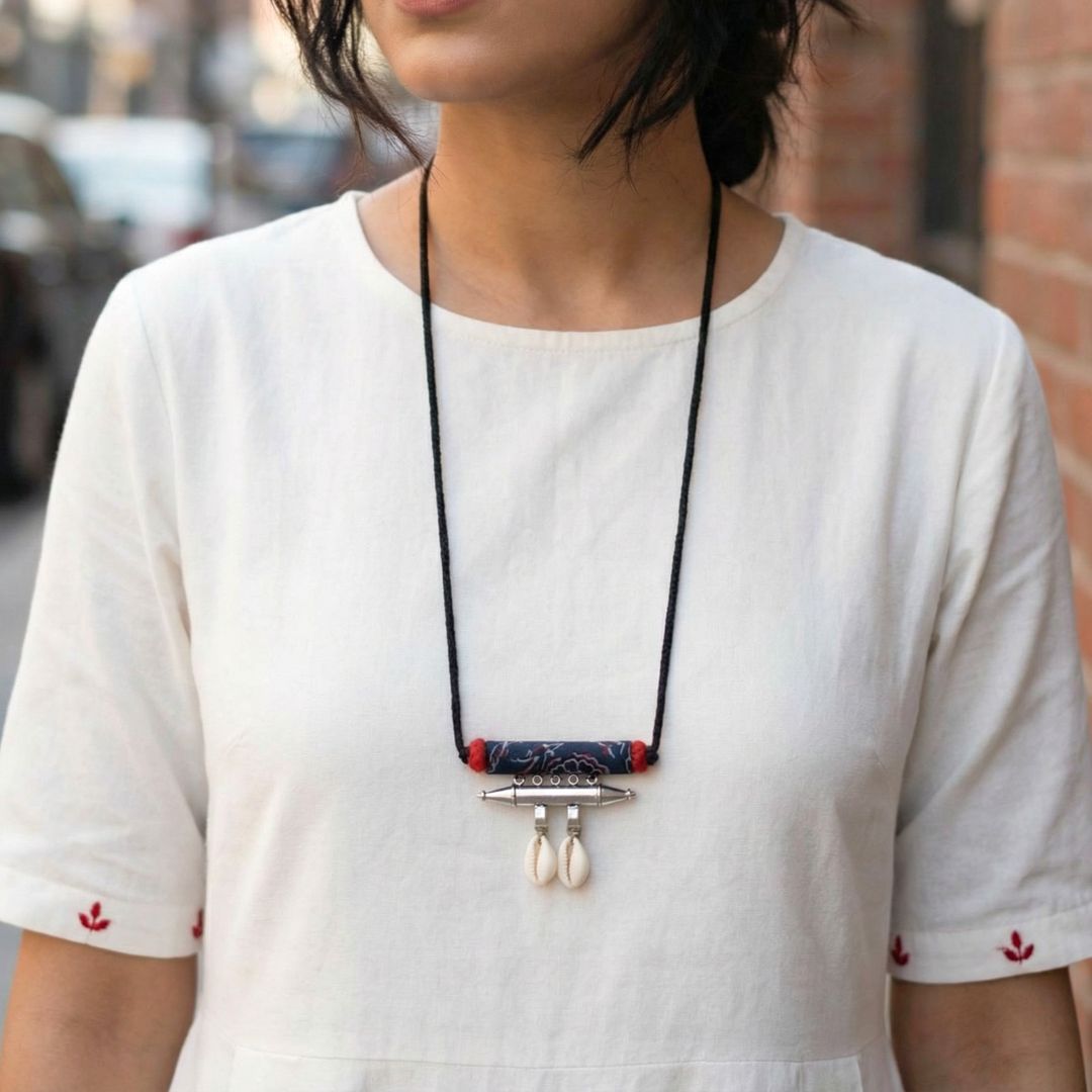 Sutradhar Cowrie Set: Handmade Fabric Pendant and Earring Set