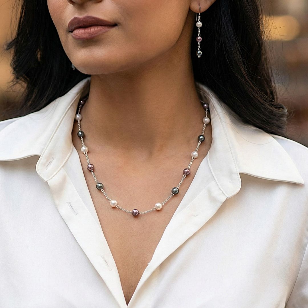 Muted Aura: Minimalist Pearl Necklace and Earring Set