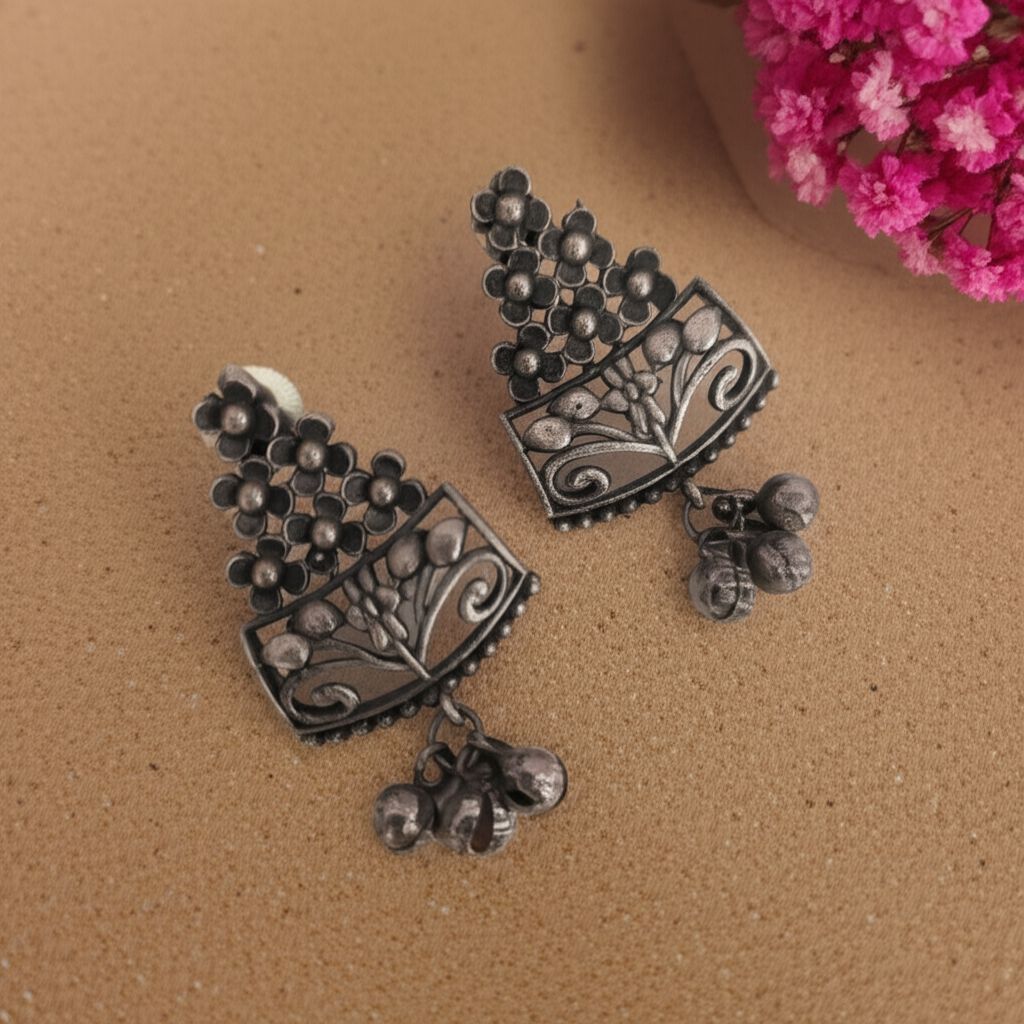Blossom Dangles: Silver Toned Heritage Earrings